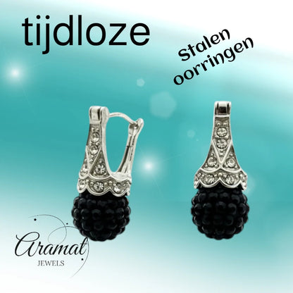 Earrings – Black Crystal Ball with Transparent Crystals Stainless Steel Ladies