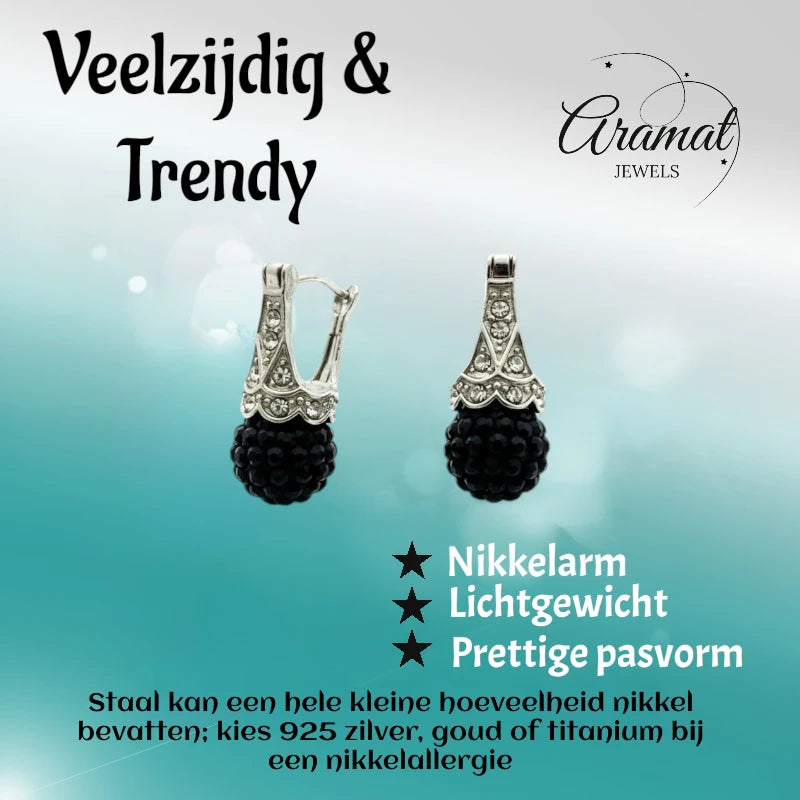 Earrings – Black Crystal Ball with Transparent Crystals Stainless Steel Ladies