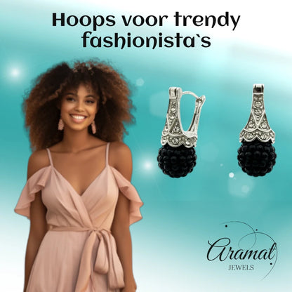 Earrings – Black Crystal Ball with Transparent Crystals Stainless Steel Ladies