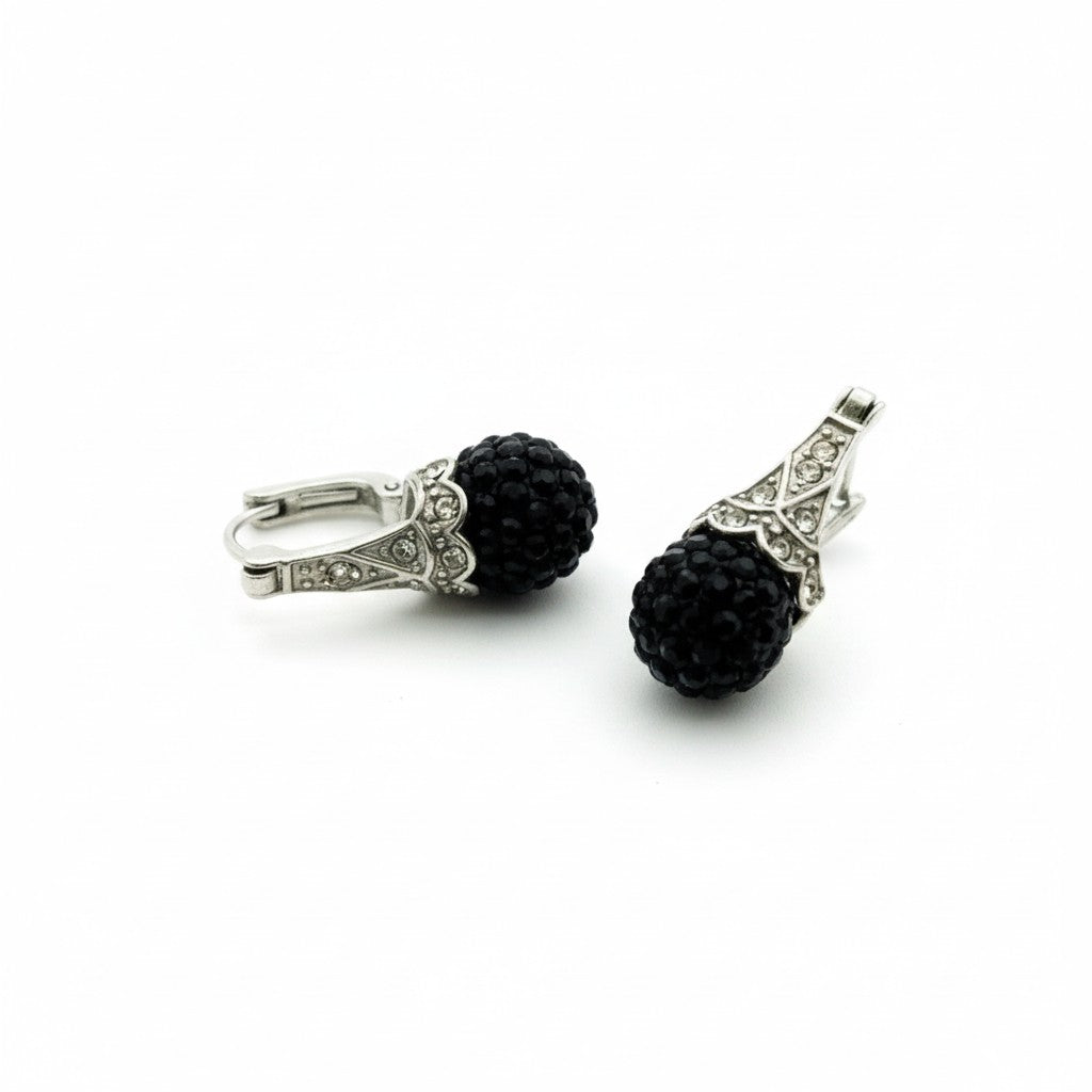Earrings – Black Crystal Ball with Transparent Crystals Stainless Steel Ladies