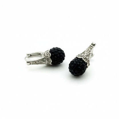 Earrings – Black Crystal Ball with Transparent Crystals Stainless Steel Ladies