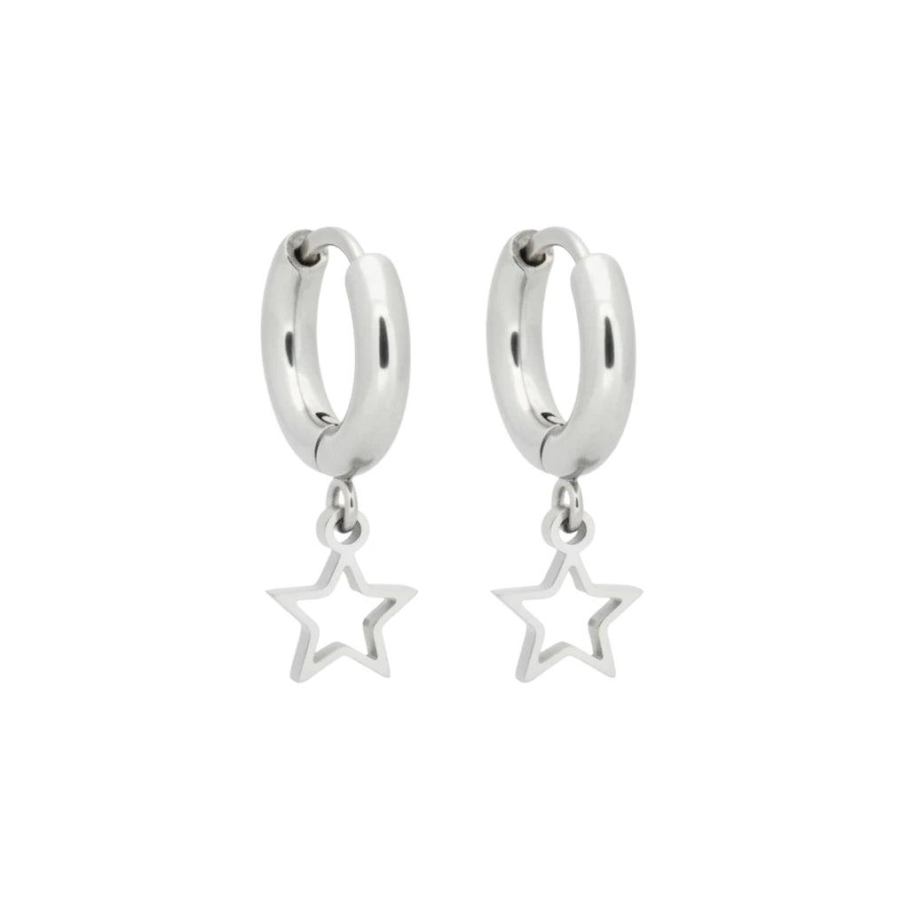 Earrings – 10mm Mini Hoop Earrings with Open Star Charm Stainless Steel Silver Color Unisex