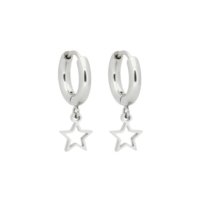 Earrings – 10mm Mini Hoop Earrings with Open Star Charm Stainless Steel Silver Color Unisex