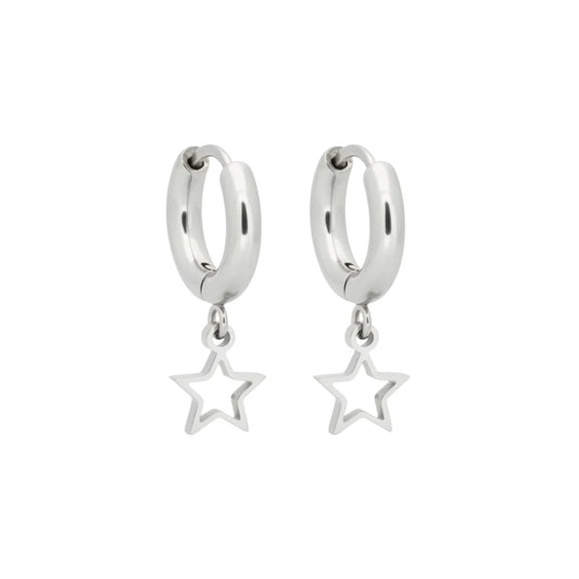 Earrings – 10mm Mini Hoop Earrings with Open Star Charm Stainless Steel Silver Color Unisex