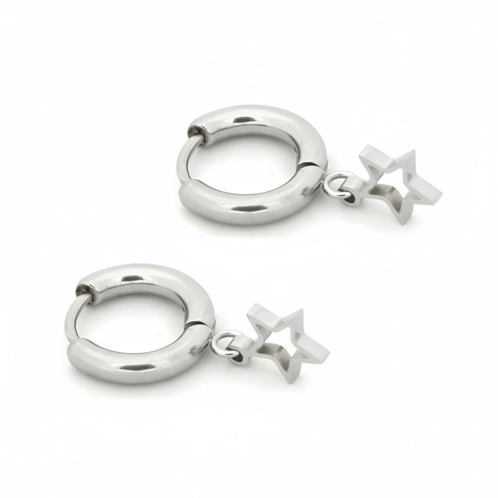 Earrings – 10mm Mini Hoop Earrings with Open Star Charm Stainless Steel Silver Color Unisex