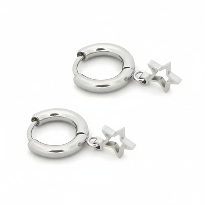 Earrings – 10mm Mini Hoop Earrings with Open Star Charm Stainless Steel Silver Color Unisex