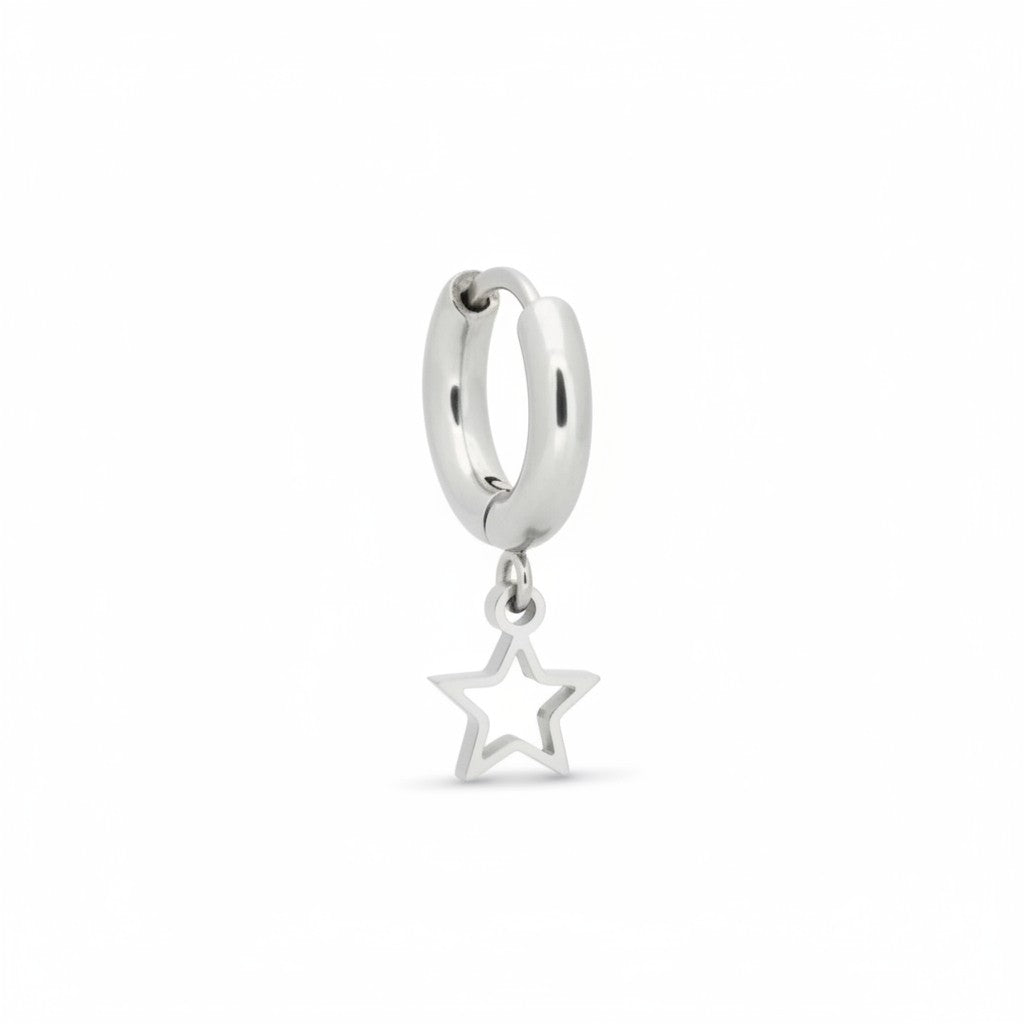 Earrings – 10mm Mini Hoop Earrings with Open Star Charm Stainless Steel Silver Color Unisex
