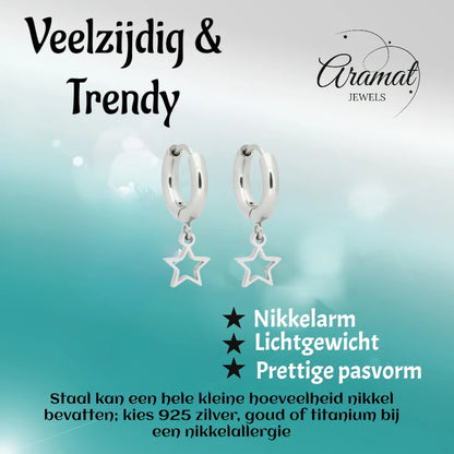 Earrings – 10mm Mini Hoop Earrings with Open Star Charm Stainless Steel Silver Color Unisex