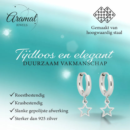 Earrings – 10mm Mini Hoop Earrings with Open Star Charm Stainless Steel Silver Color Unisex