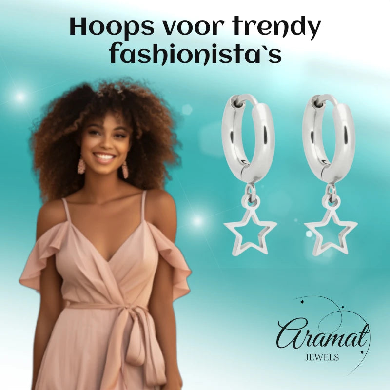 Earrings – 10mm Mini Hoop Earrings with Open Star Charm Stainless Steel Silver Color Unisex