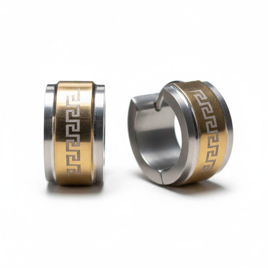 Earrings – 13mm Mini Creole Greek Motif Stainless Steel Bicolor Unisex