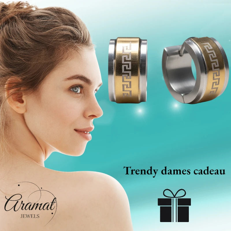 Earrings – 13mm Mini Creole Greek Motif Stainless Steel Bicolor Unisex