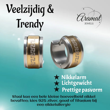 Earrings – 13mm Mini Creole Greek Motif Stainless Steel Bicolor Unisex