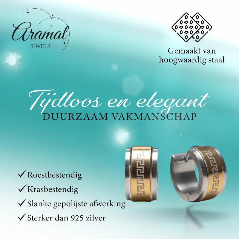 Earrings – 13mm Mini Creole Greek Motif Stainless Steel Bicolor Unisex