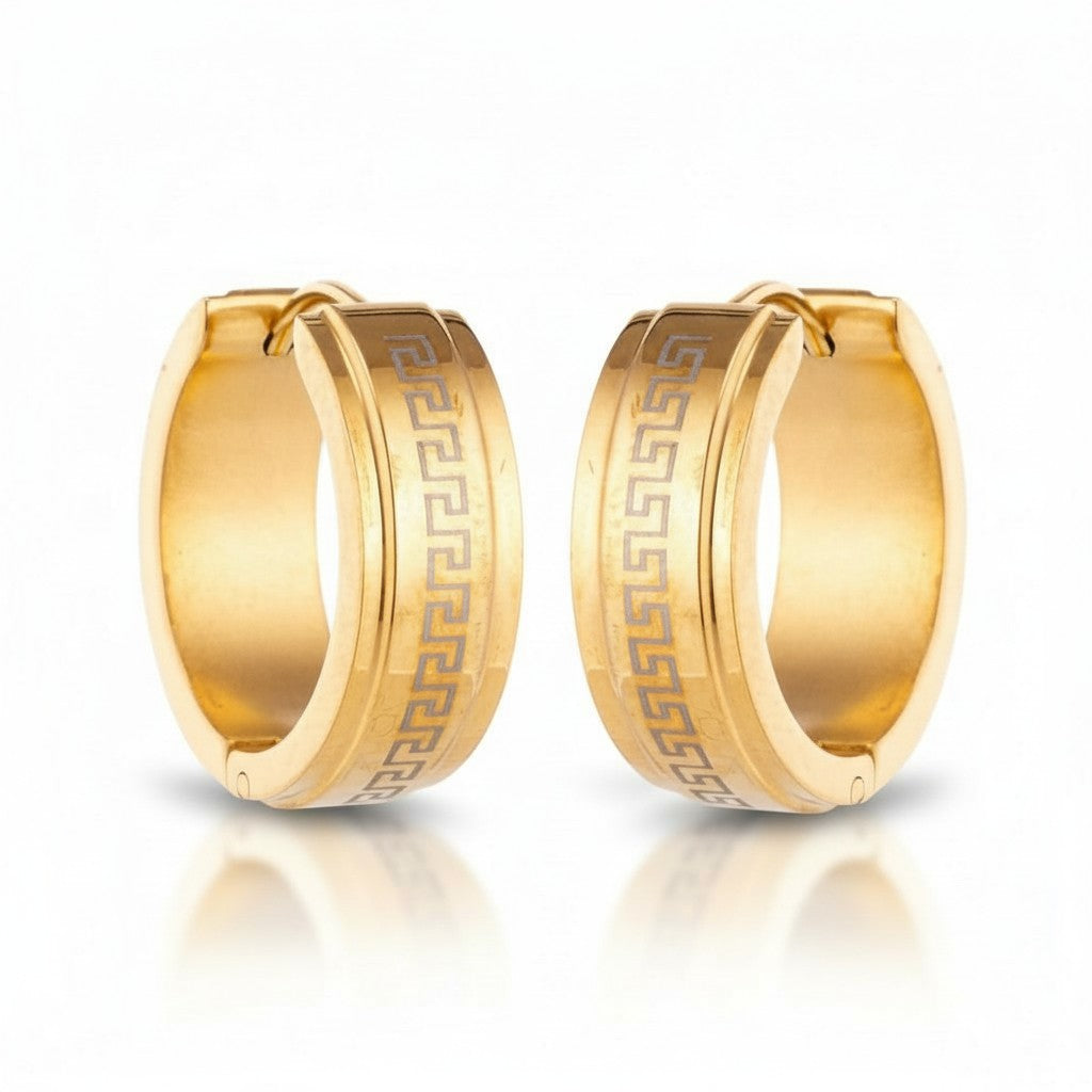 Boucles d'oreilles unisexes – 13 mm, motif créole grec miniature, acier inoxydable doré 