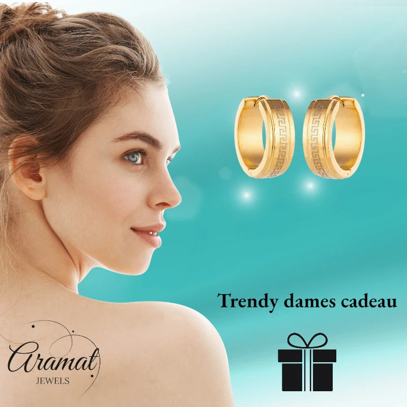 Boucles d'oreilles unisexes – 13 mm, motif créole grec miniature, acier inoxydable doré 