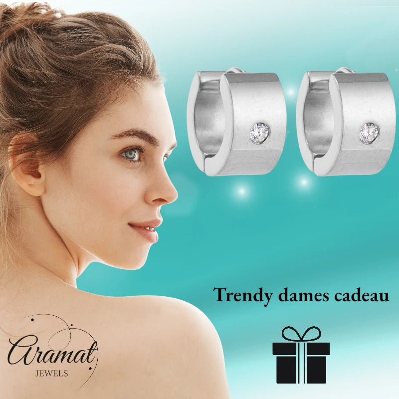 Earrings – 13mm Mini Creole Zirconia Accent Stainless Steel Silver Color Unisex