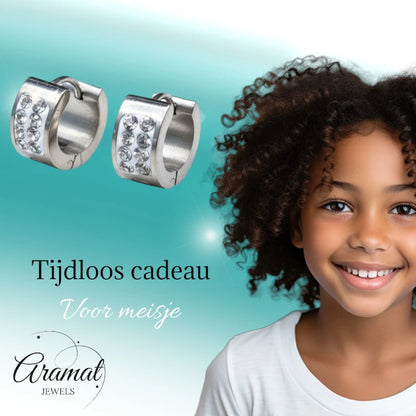 Stainless Steel Mini Huggie Hoop Earrings 2 Rows Crystal Silver Color 13mm - Women's Child