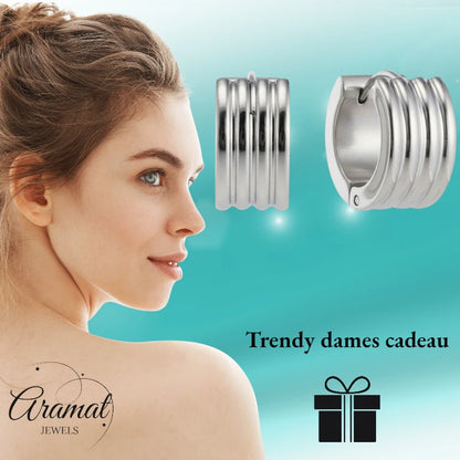 Stainless Steel Mini Huggie Hoop Earrings Stripe Silver Color 13mm - Unisex Child