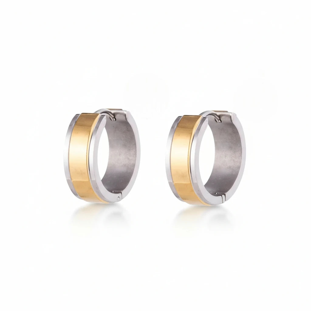 Stainless Steel Bicolor Huggie Hoop Earrings Wide Stripe 20mm - Gold Silver Unisex