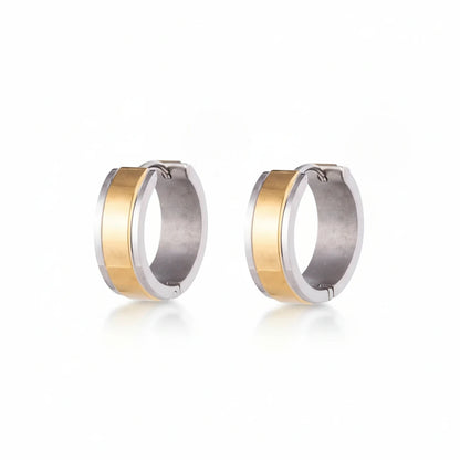 Stainless Steel Bicolor Huggie Hoop Earrings Wide Stripe 20mm - Gold Silver Unisex