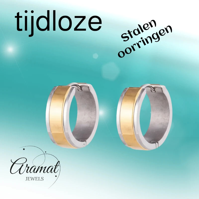 Stainless Steel Bicolor Huggie Hoop Earrings Wide Stripe 20mm - Gold Silver Unisex