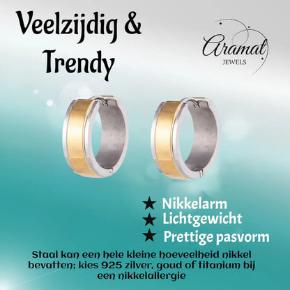 Stainless Steel Bicolor Huggie Hoop Earrings Wide Stripe 20mm - Gold Silver Unisex