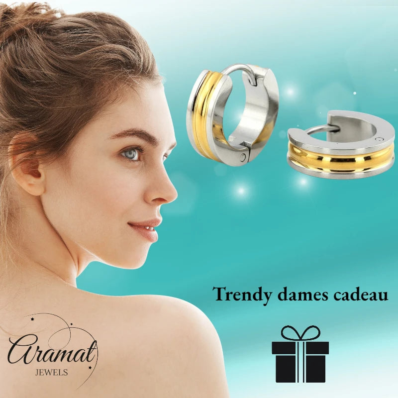 Stainless Steel Bicolor Hoop Earrings Gold Silver 20mm - Huggie Earrings Unisex 