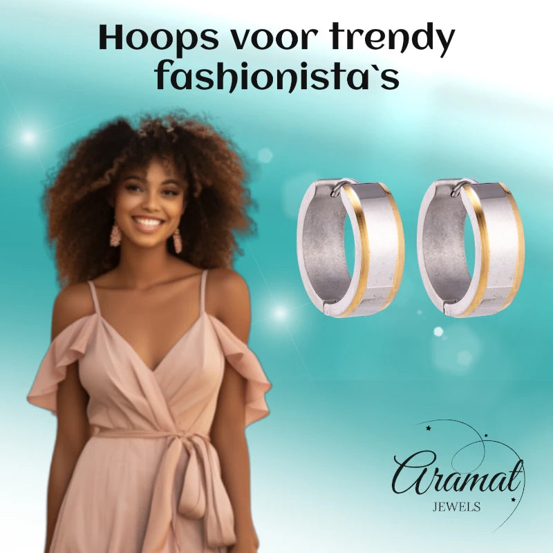 Earrings – 20mm Bicolor Stripe Stainless Steel Silver/Gold Color Unisex