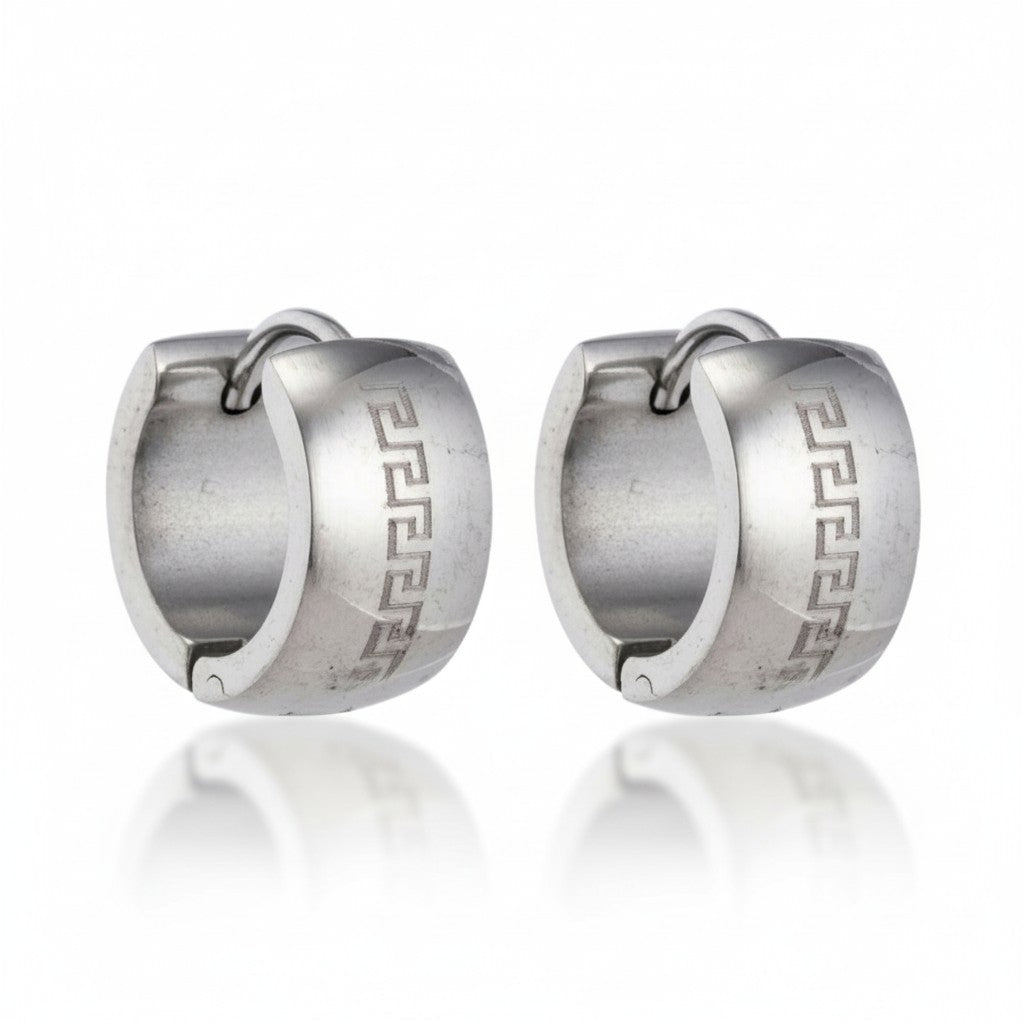 Earrings – 20mm Creoles Greek Motif Laser Cut Stainless Steel Silver Color Unisex