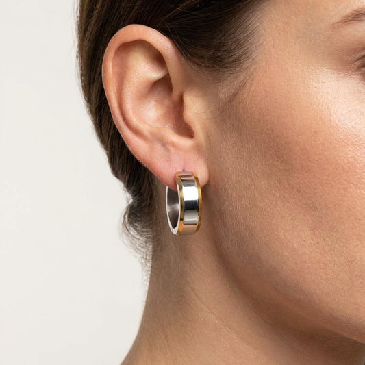 Boucles d'oreilles unisexes à rayures bicolores (20 mm) en acier inoxydable argenté/doré