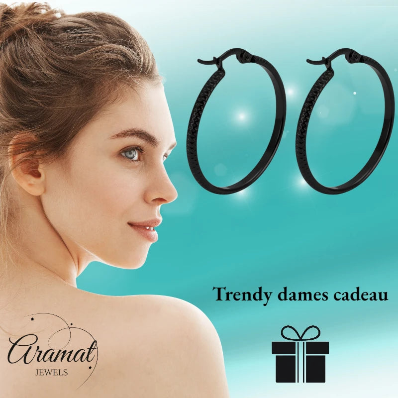 Earrings – 25mm Creole Dot Pattern Stainless Steel Black Women