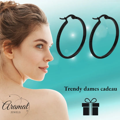 Earrings – 25mm Creole Dot Pattern Stainless Steel Black Women