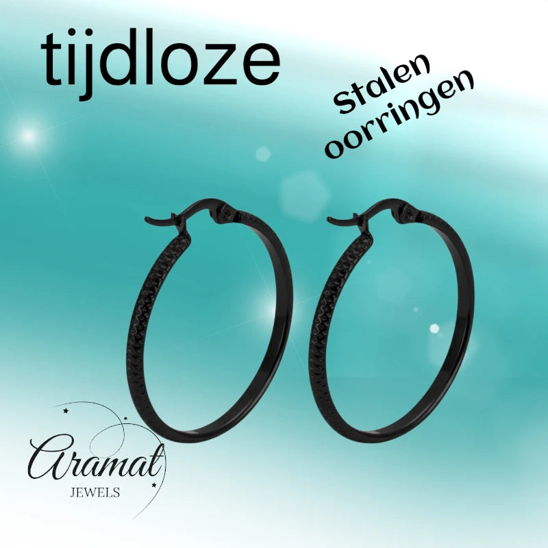Earrings – 25mm Creole Dot Pattern Stainless Steel Black Women