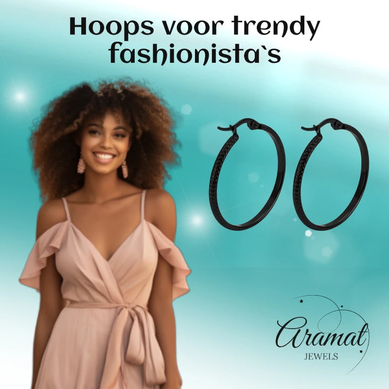 Earrings – 25mm Creole Dot Pattern Stainless Steel Black Women