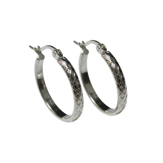 Earrings – 25mm Creole Checked Pattern Stainless Steel Silver Color Women
