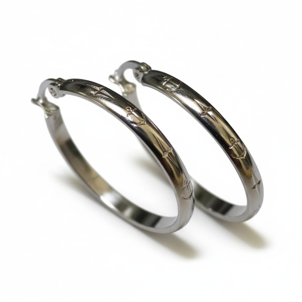 Earrings – 35mm Creole Anchor Motif Stainless Steel Silver Color Women