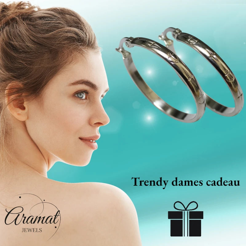 Earrings – 35mm Creole Anchor Motif Stainless Steel Silver Color Women