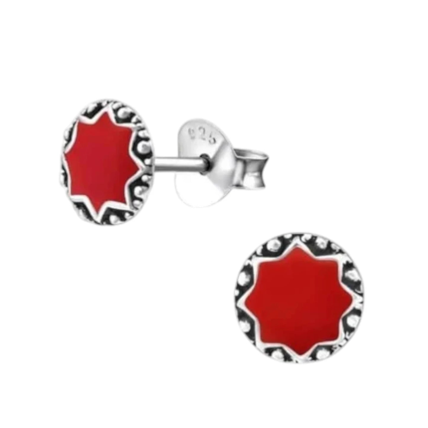 Stud Earrings – Sterling Silver Bali Ethnic Red Enamel 6mm Round Oxidized