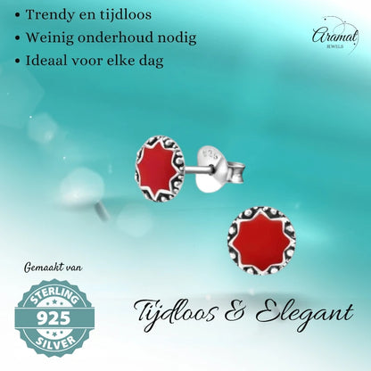 Stud Earrings – Sterling Silver Bali Ethnic Red Enamel 6mm Round Oxidized