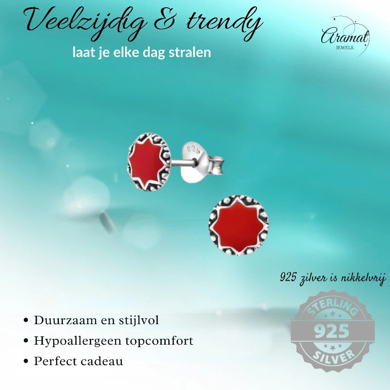 Stud Earrings – Sterling Silver Bali Ethnic Red Enamel 6mm Round Oxidized
