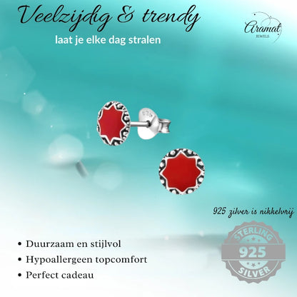 Stud Earrings – Sterling Silver Bali Ethnic Red Enamel 6mm Round Oxidized
