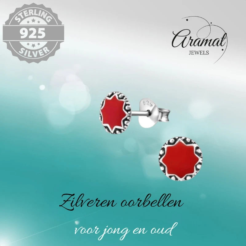 Stud Earrings – Sterling Silver Bali Ethnic Red Enamel 6mm Round Oxidized