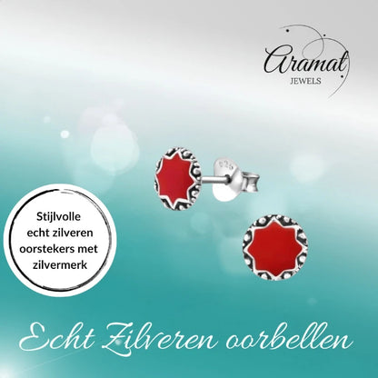 Stud Earrings – Sterling Silver Bali Ethnic Red Enamel 6mm Round Oxidized