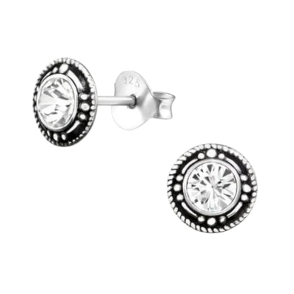 Stud Earrings – Sterling Silver Bali Ethnic Transparent Crystal 7mm Round Oxidized