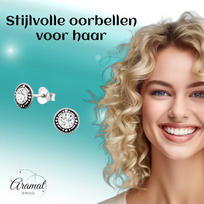 Stud Earrings – Sterling Silver Bali Ethnic Transparent Crystal 7mm Round Oxidized