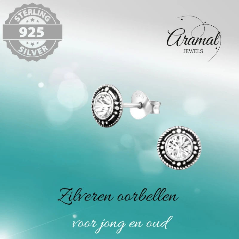 Stud Earrings – Sterling Silver Bali Ethnic Transparent Crystal 7mm Round Oxidized