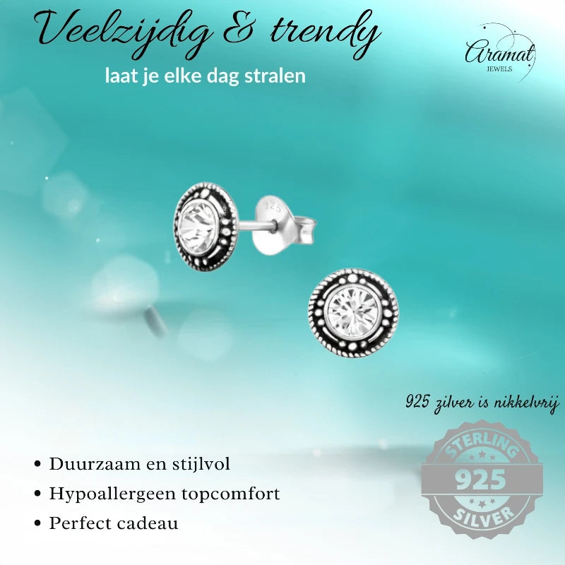 Stud Earrings – Sterling Silver Bali Ethnic Transparent Crystal 7mm Round Oxidized