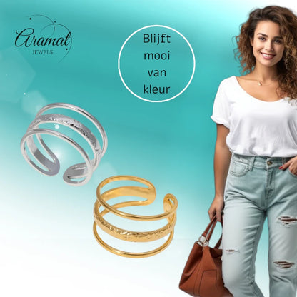 Open Ring Driedubbele Band: Glad en Gehamerd (15 mm RVS)