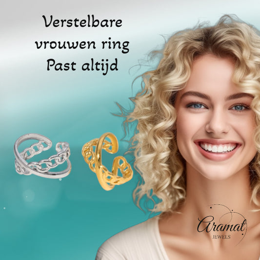 Open Ring Gekruist Motief: Glad en Schakel (RVS Verstelbaar)
